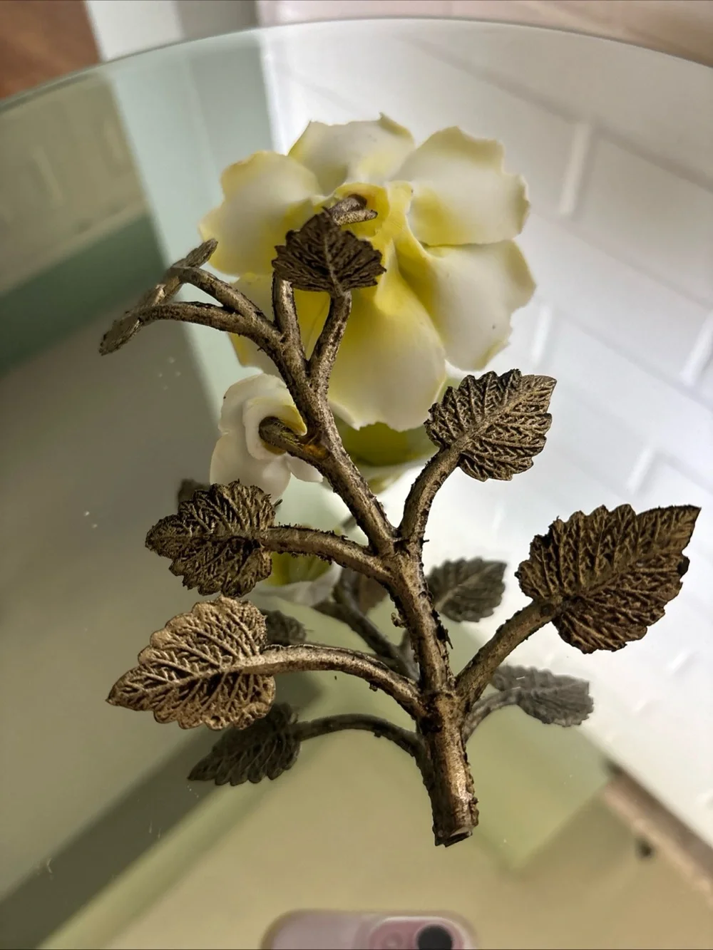 Vintage Yellow Porcelain Rose Accent with Metal Leaves Stand